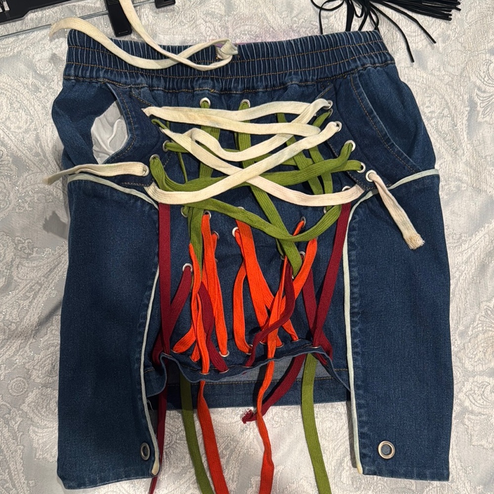 Unique Denim Skirt with Colorful Laces